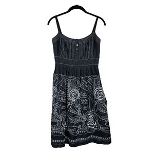 Cynthia Steffe Classic Sundress Black Linen White Floral Embroidered Dress Sz 6‎